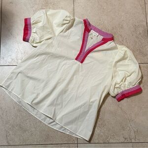 NWT Entro White Puff Sleeve Blouse Pink Red Trim Colorblock Split Neck Trendy
